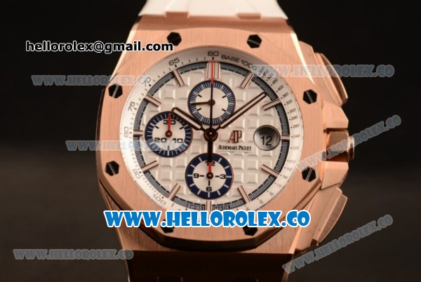 Audemars Piguet Royal Oak Offshore Summer Edition Chrono Clone AP Calibre 3126 Automatic Rose Gold Case with White Dial Stick Markers and White Rubber Strap - 1:1 Original (JF) - Click Image to Close